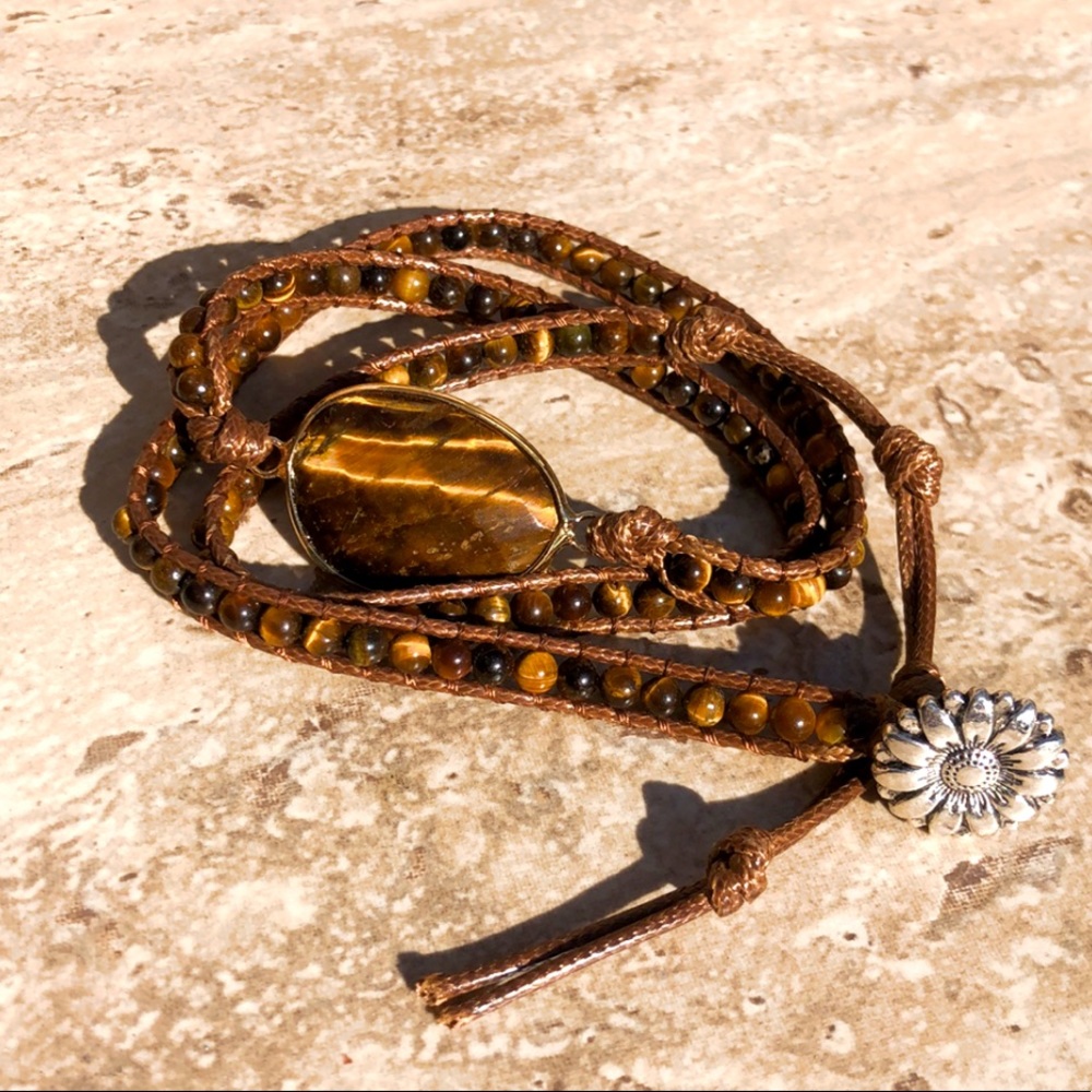 "LAST ONE" NEW Tiger's Eye Leather Layer Wrap Boho Beaded Silver Flower Closure - Picture 6 of 8